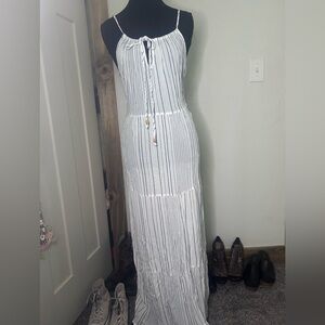 Kona Sol White Maxi Dress with Blue Stripes Open Back Tie Front Boho Coastal